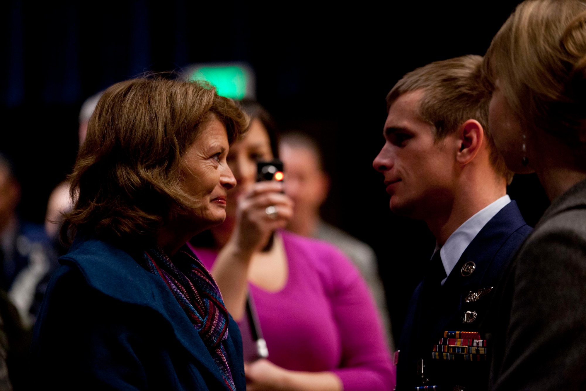 U.S. Senator Lisa Murkowski thanks Staff Sgt. Aaron Parcha for his service and bravery for actions performed during his deployment in 2010. Parcha exposed himself to enemy fire to ensure casualties were treated and safely returned to base during Operation Bulldog Bite November 2010. Photo by Lt. Bernie Kale, Alaska National Guard Public Affairs Office