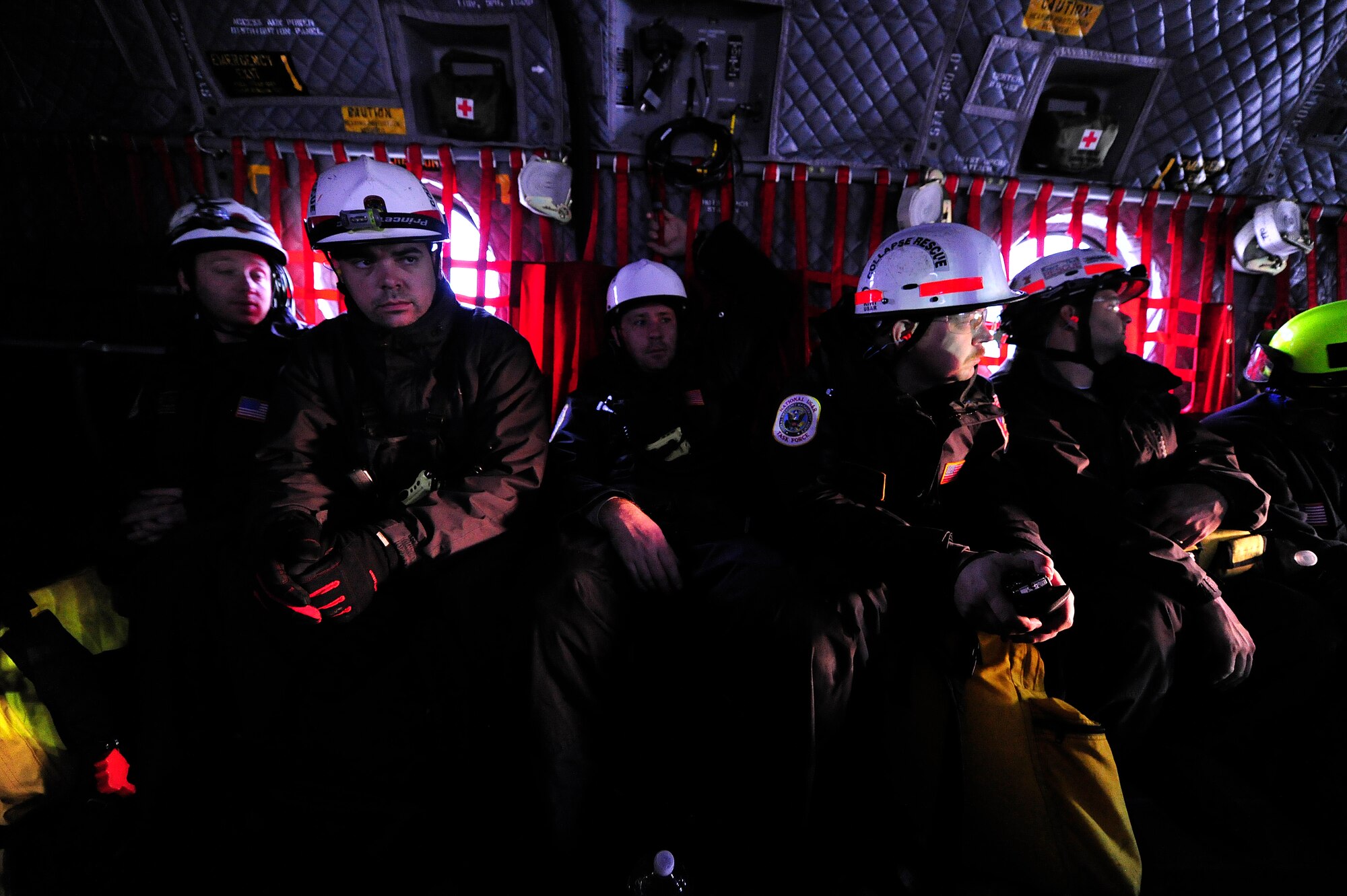JOINT BASE MCGUIRE-DIX-LAKEHURST, N.J. – Members of Maryland Urban Search and Rescue Task Force one fly aboard a U.S. Army CH-47 helicopter assigned to the Georgia Army National Guard from Joint Base McGuire-Dix-Lakehurst, N.J. to Staten Island, N.Y. to conduct house-to-house searches, Nov 3, 2012.  Maryland Task Force one is part of the National Search and Rescue Task Force recovery effort in the aftermath of hurricane Sandy.  (U.S. Air Force photo by Tech. Sgt. Parker Gyokeres/Released)