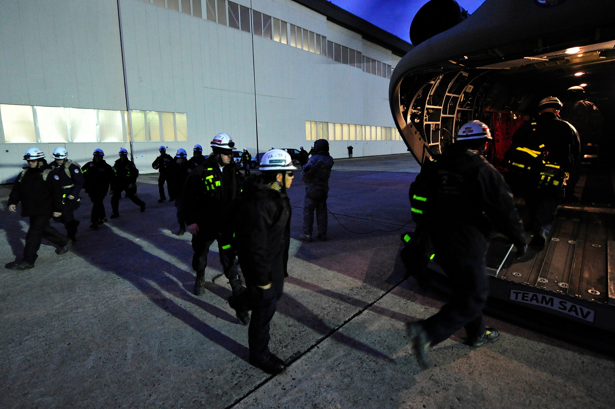 JOINT BASE MCGUIRE-DIX-LAKEHURST, N.J. – Members of Maryland Urban Search and Rescue Task Force one fly aboard a U.S. Army CH-47 helicopter assigned to the Georgia Army National Guard from Joint Base McGuire-Dix-Lakehurst, N.J. to Staten Island, N.Y. to conduct house-to-house searches, Nov 3, 2012.  Maryland Task Force one is part of the National Search and Rescue Task Force recovery effort in the aftermath of hurricane Sandy.  (U.S. Air Force photo by Tech. Sgt. Parker Gyokeres/Released)