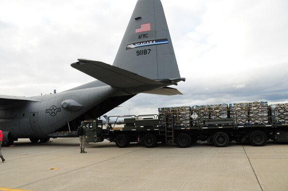 107th Airlift Wing picks up the 30,000 bottles of water at Stewart Air National Guard Base in Newburg, N.Y. before they head to Republic Airport, Farmingdale, NY. Nov. 2, 2012 (National Guard Photo/Senior Master Sgt. Ray Lloyd)
