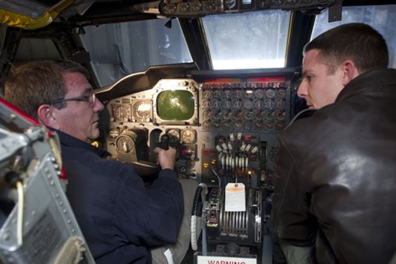 Capt. Mike Hostetler, right, shows Deputy Defense Secretary Ashton B. Carter the cockpit of a B-52 bomber at Minot Air Force Base, N.D., Nov. 2, 2012. (DOD photo by Erin A. Kirk-Cuomo)