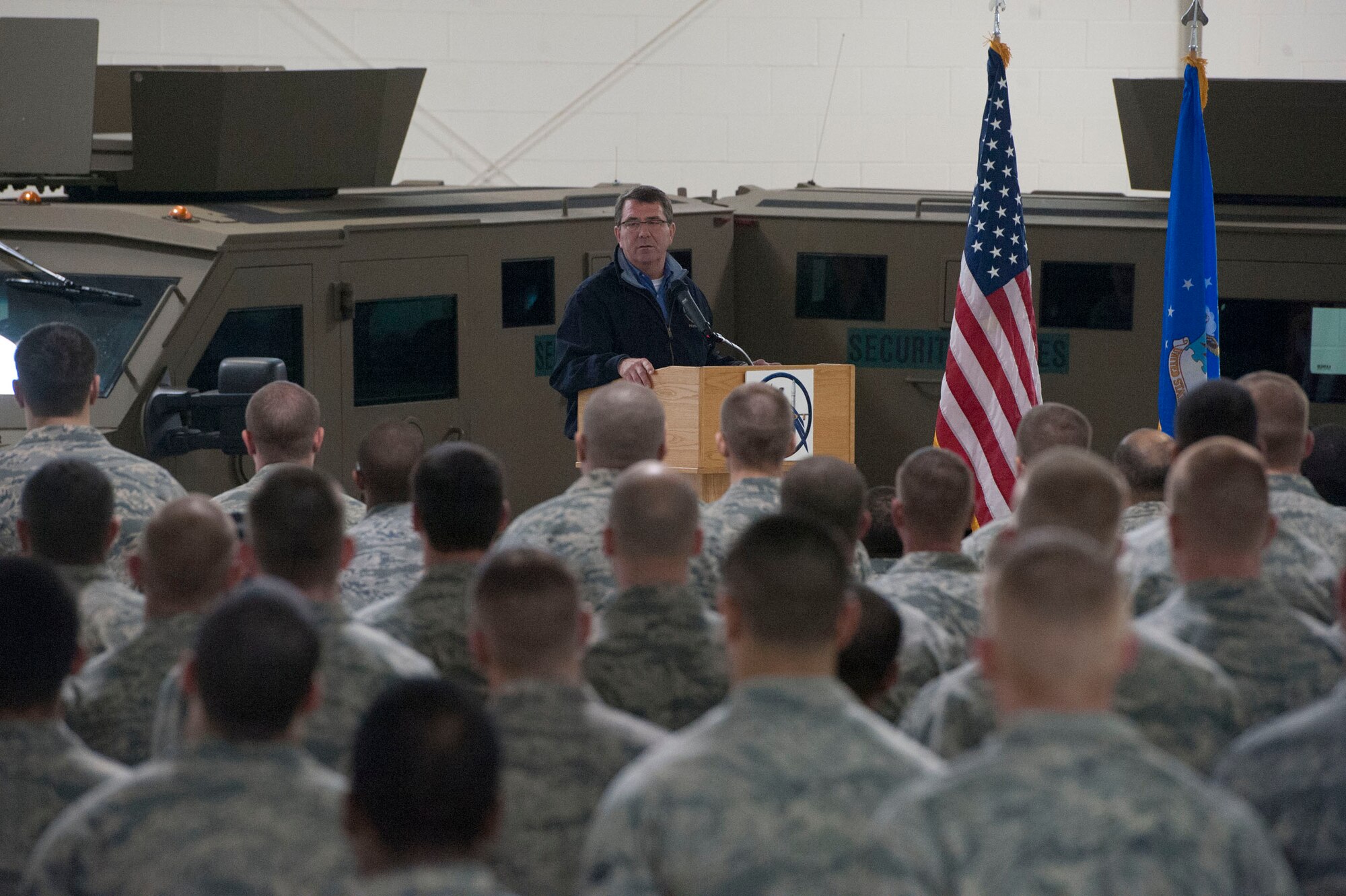 Deputy Secretary of Defense Ashton B. Carter speaks to Airmen at Minot Air Force Base, N.D., Nov 2, 2012.  Carter thanked them for their hard and dedicated work. (DoD photo by Erin A. Kirk-Cuomo)