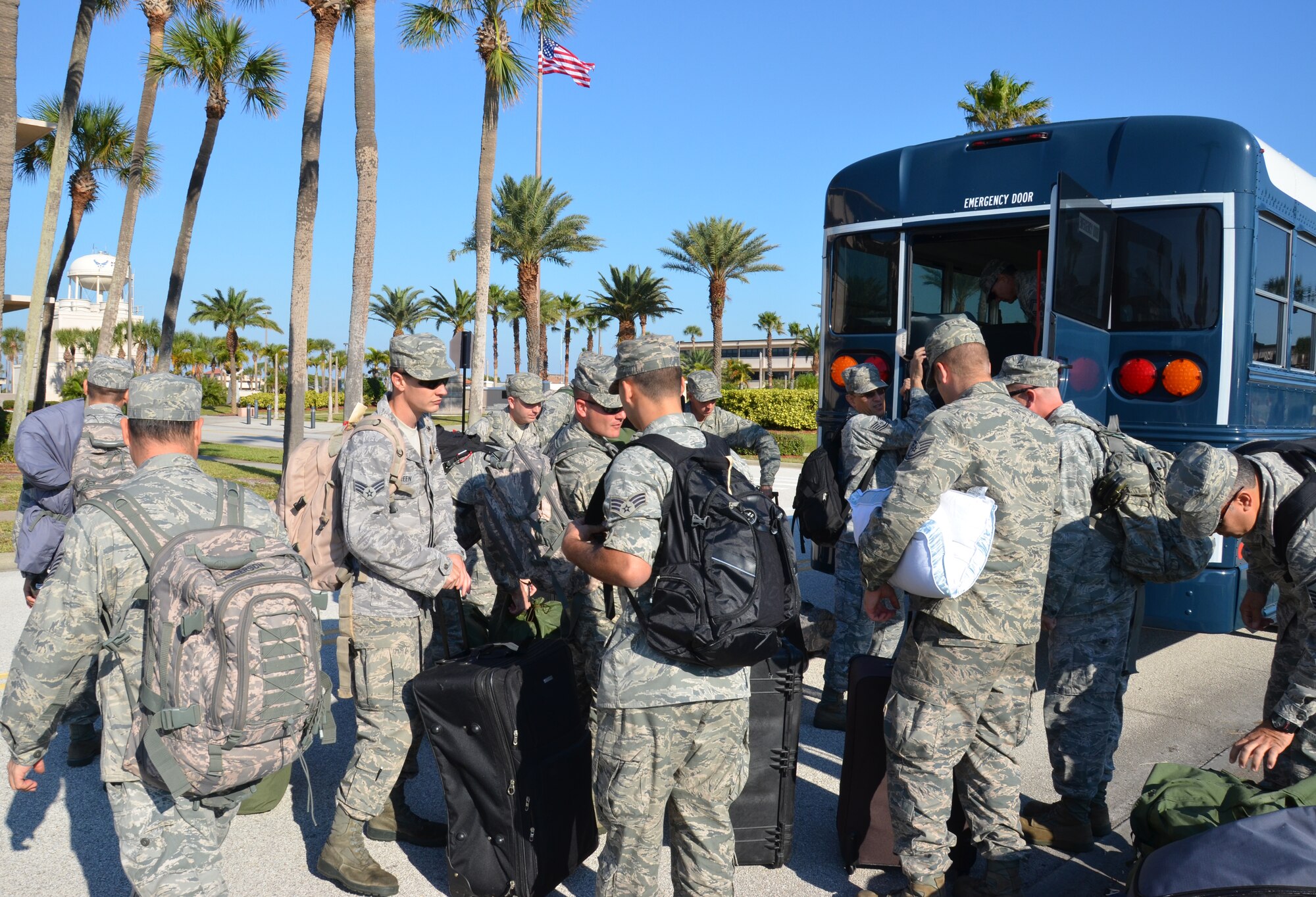 Reserve Airmen with the 920th Rescue Wing, Patrick Air Force Base, Fla., onload an Air Force bus for an exercise to test their operational readiness Nov. 3-9 at the Combat Readiness Training Center in Savannah, Ga. (U.S. Air Force photo/Staff Sgt. Anna-Marie Wyant)