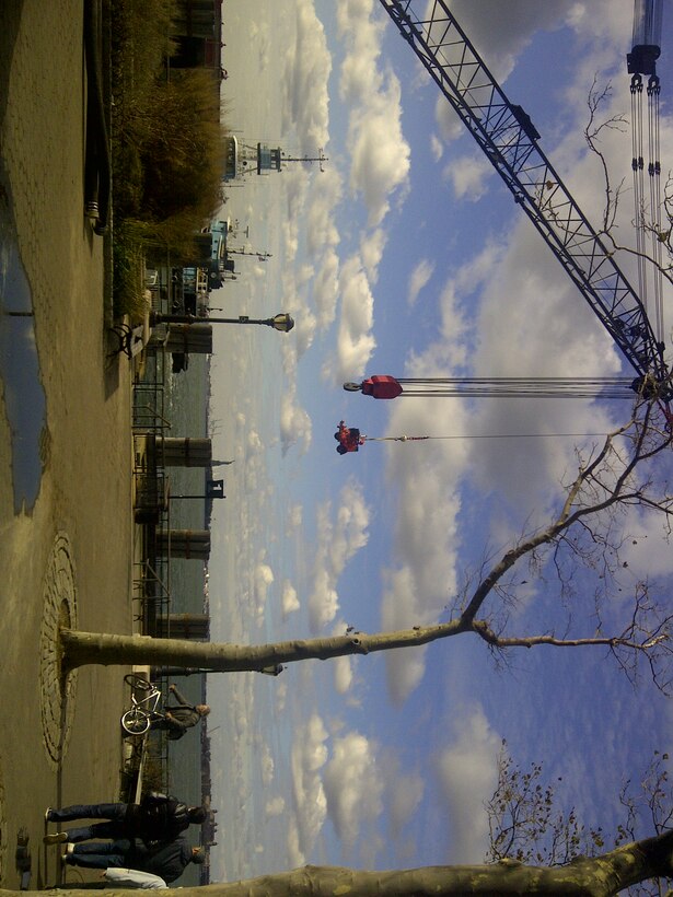 Pump supplies being offloaded from their marine vessel. Operations are in support of Hurricane Sandy Response efforts.