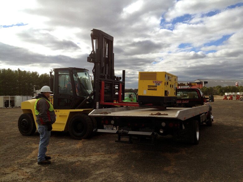 A generator is staged at Joint Base McGuire-Dix-Lakehurst, N.J., Nov. 3, before it departs to an area affected by Hurricane Sandy. USACE is working through FEMA to get needed supplies such as emergency power generators to areas throughout New York and New Jersey. (U.S. Army photo by Patrick Bloodgood)
