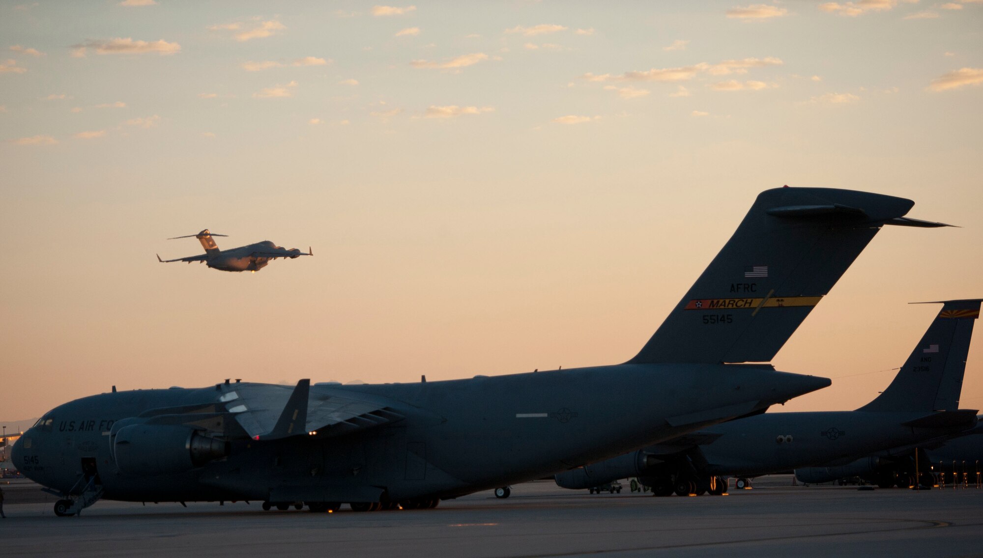 A U.S.  Air Force C-17 Globemaster III from Stewart Air National Guard Base, N.Y. takes off at the Sky Harbor International Airport in Phoenix, Ariz., bound for N.Y., containing electrical equipment and vehicles to support the Hurricane Sandy relief efforts, November 3, 2012. The aircraft was loaded by aerial porters from Arizona Air National Guard's 161st Maintenance Group and the 621st Contingency Response Wing  (621st CRW) from Travis Air Force Base, Calif. The 621st CRW is highly-specialized in training and rapidly deploying personnel to quickly open airfields and establish, expand, sustain, and coordinate air mobility operations. (U.S. Air Force photo by Staff Sgt. Gustavo Gonzalez)