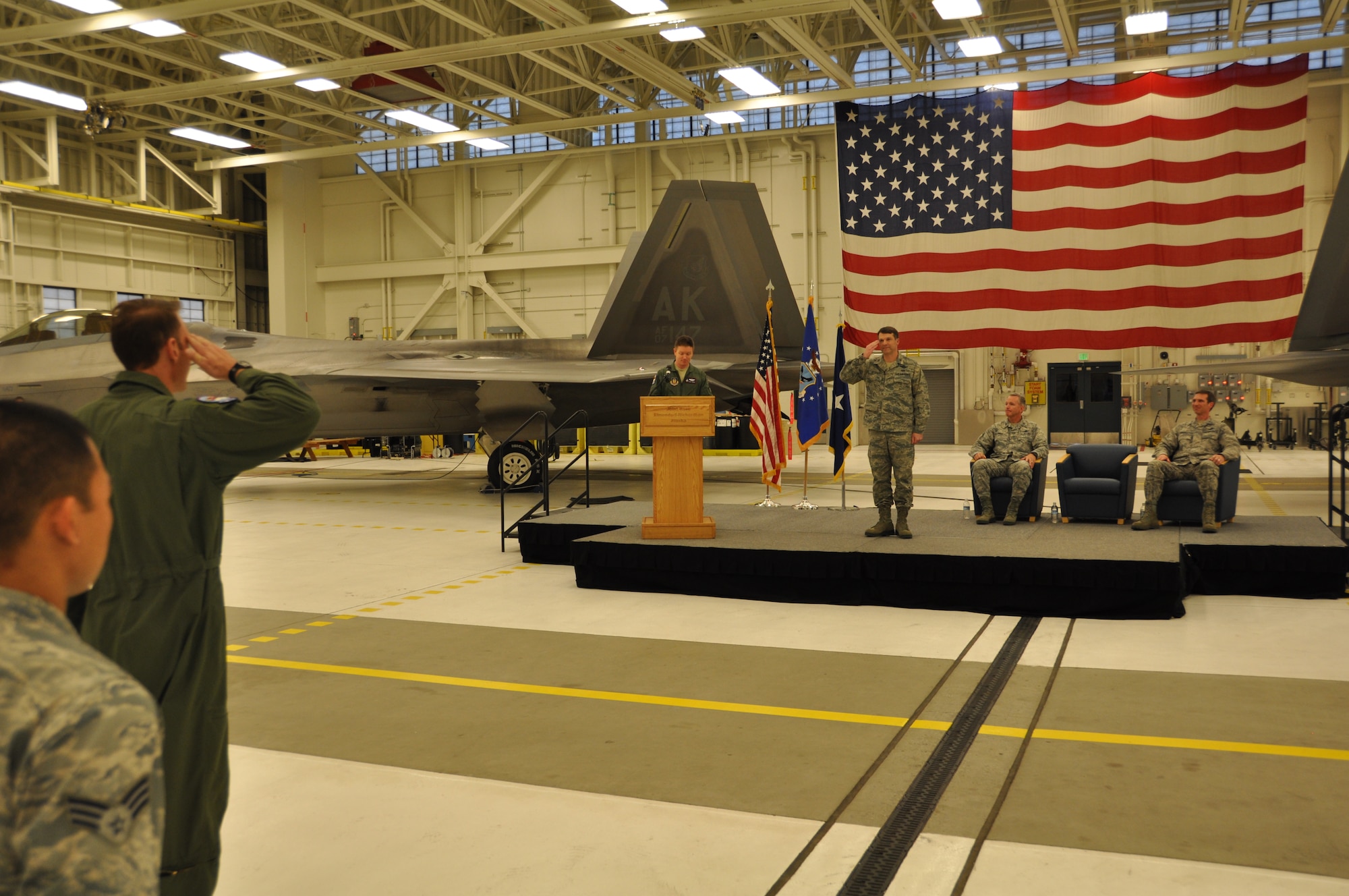 Lt. Col. David Piffarerio salutes Col. Tyler Otten for the first time as the
new 477th Fighter Group commander. Piffarerio lead the troop formation which consisted of members from all the units under the 477th FG during the change of command ceremony. Col. Bryan Radliff relinquished command to Otten during the ceremony here Nov. 2. (U.S. Air Force Reserve/Tech. Sgt. Dana Rosso)

