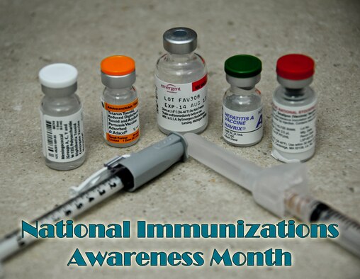 The month of August is recognized as National Immunizations Awareness month due to the start of the new school year across America, which makes this the perfect time for Airmen and their families to ensure their immunizations are up to date. Children less than six years old need a series of shots to protect against chicken pox, measles, polio, and hepatitis. At age 11 or 12, children should have a booster shot to protect against tetanus, meningitis, diphtheria, whooping cough and the human papillomavirus. Another booster shot is needed at the age of 16 to protect against meningitis. Adults need a booster shot every ten years to protect from tetanus and diphtheria. Please see your military or local physician for details about immunizations. (U.S. Air Force photo illustration by Senior Airman Joshua J. Seybert/Released)