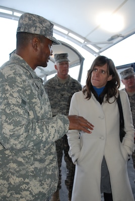 Lt. Gen. Thomas P. Bostick, U.S. Army Chief of Engineers and Commanding General of the U.S. Army Corps of Engineers, explains the Corps' role and operations in returning power to Hoboken, NJ to Mayor Dawn Zimmer Nov 3 at the Hoboken Ferry Terminal. (U.S. Army photo by Mary Markos)
