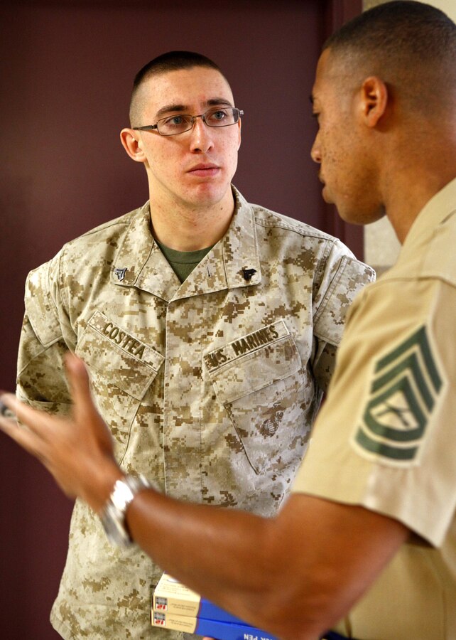 Cpl. Ryan Costea, a rifleman with Company D, Anti-Terrorism Battalion, 4th Marine Division, listens as Gunnery Patrick Foreman, a career planner, explains Costea’s available choices to him in Billings, Mont., October 20, 2012.  Company D, an infantry company, is being transformed into a military police company due to the commandant-directed Force Structure Review, which will affect 147 of 183 Marine Forces Reserve sites as the force restructures and modernizes its units.  The Marine Corps has assembled a Personnel Transition Team to help Marines make informed career choices as to how they can continue to serve in the Corps.
