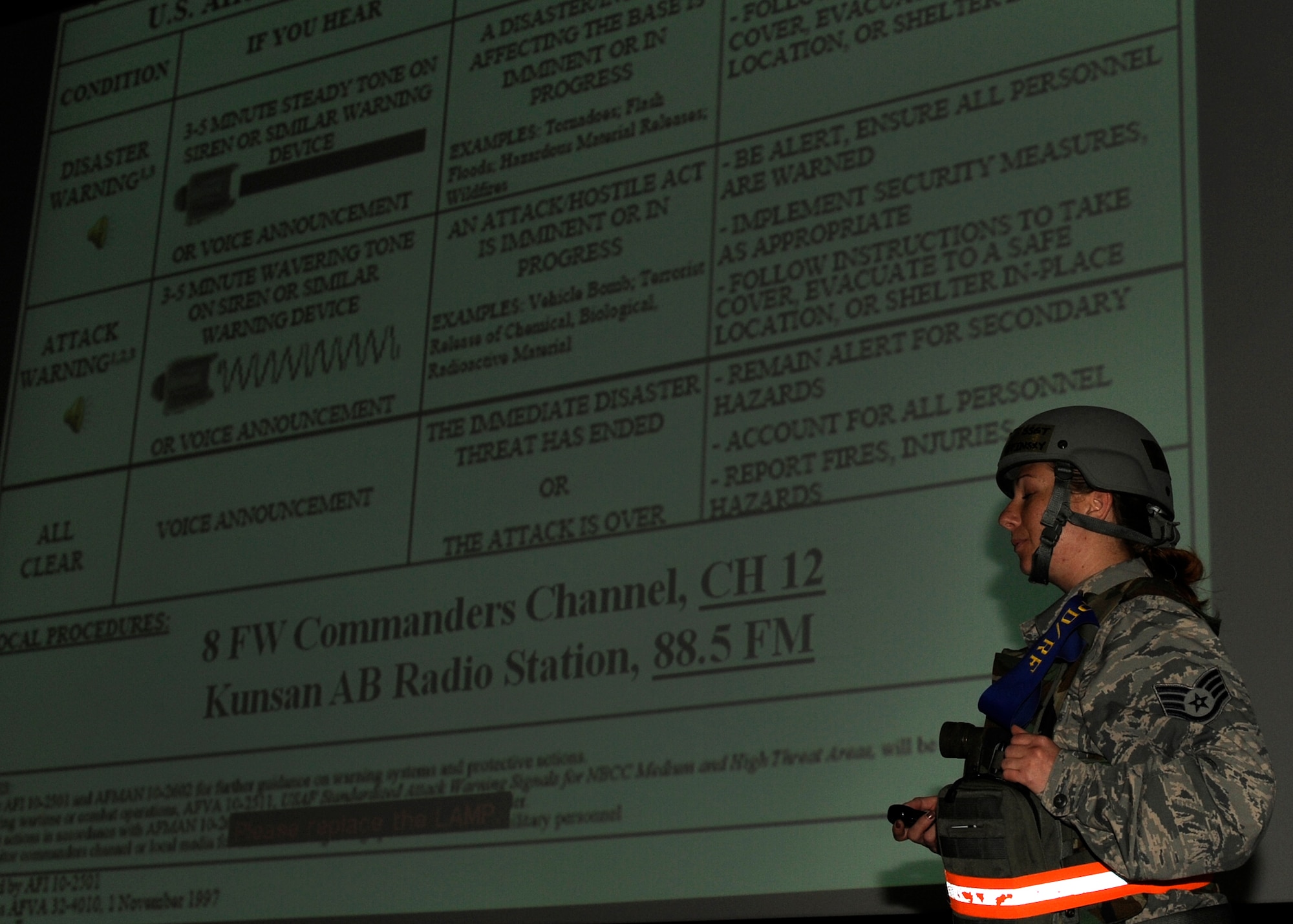 Staff Sgt. Kristie Stefinsky, 8th Force Support Squadron briefs inbound Airmen during exercise Beverly Bulldog 13-1 on Kunsan Air Base, Republic of Korea, Nov. 5, 2012. The role players allow the 8th FSS to practice working with inbound personnel while accepting follow-on forces in a simulated wartime scenario. (U.S. Air Force photo/Senior Airman Marcus Morris)