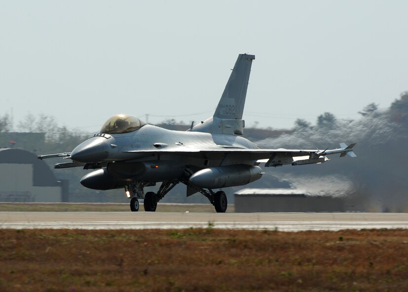 An F-16 Fighting Falcon with the 38th Fighter Group takes off during exercise Beverly Bulldog 13-1 on Kunsan Air Base, Republic of Korea, Nov. 5, 2012. The exercise is an assessment of U.S. and ROK air forces capabilities and combat readiness. (U.S. Air Force photo/Staff Sgt. Jonathan Fowler)