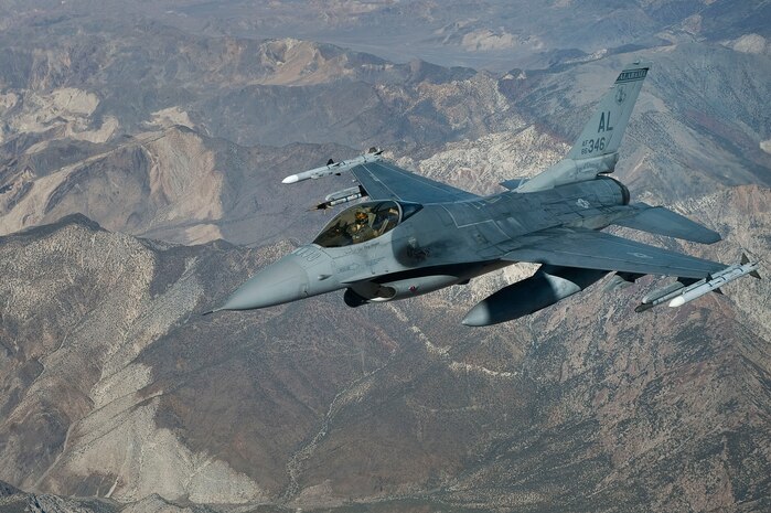 An F-16 Fighting Falcon from the Alabama Air National Guard, participates in a training sortie during the Green Flag-West 13-2 exercise Nov. 4, 2012. A typical Green Flag exercise involves two multi-role fighter and/or bomber squadrons, unmanned aircraft, electronic warfare aircraft and aerial refueling aircraft. (U.S. Air Force photo by Staff Sgt. Christopher Hubenthal)