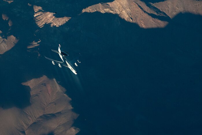 An E-3 Sentry airborne warning and control system aircraft, 963rd Airborne Air Control Squadron, Tinker Air Force Base, Okla., participates in a training sortie during the Green Flag-West 13-2 exercise Nov. 4, 2012. On average, all four military services, including the guard and reserve components, participate in two Green Flag exercises each year. (U.S. Air Force photo by Staff Sgt. Christopher Hubenthal)