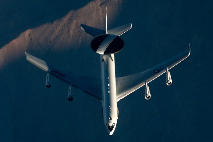 An E-3 Sentry airborne warning and control system aircraft, 963rd Airborne Air Control Squadron, Tinker Air Force Base, Okla., participates in a training sortie during the Green Flag-West 13-2 exercise Nov. 4, 2012. The AWACS plays a significant role in the exercise by using their unique capabilities to monitor and support many aspects of both air and ground force maneuvers. (U.S. Air Force photo by Staff Sgt. Christopher Hubenthal)