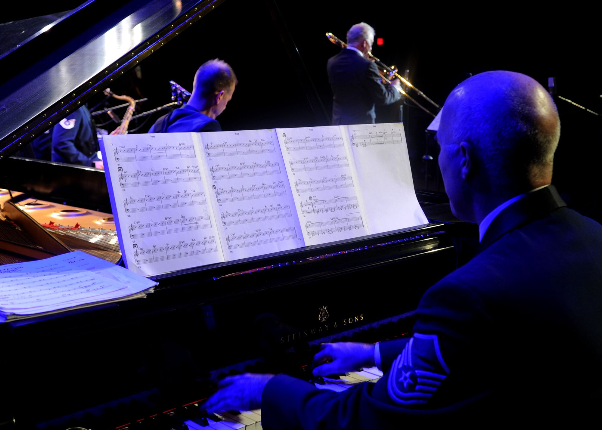 Master Sgt. Steve Erickson, U.S. Air Force Band Airmen of Note pianist, performs alongside band members during a Jazz Heritage Series concert at George Washington University's Lisner Auditorium in Washington, D.C., Oct. 26, 2012.  (U.S. Air Force photo/ Staff Sgt. Nichelle Anderson)