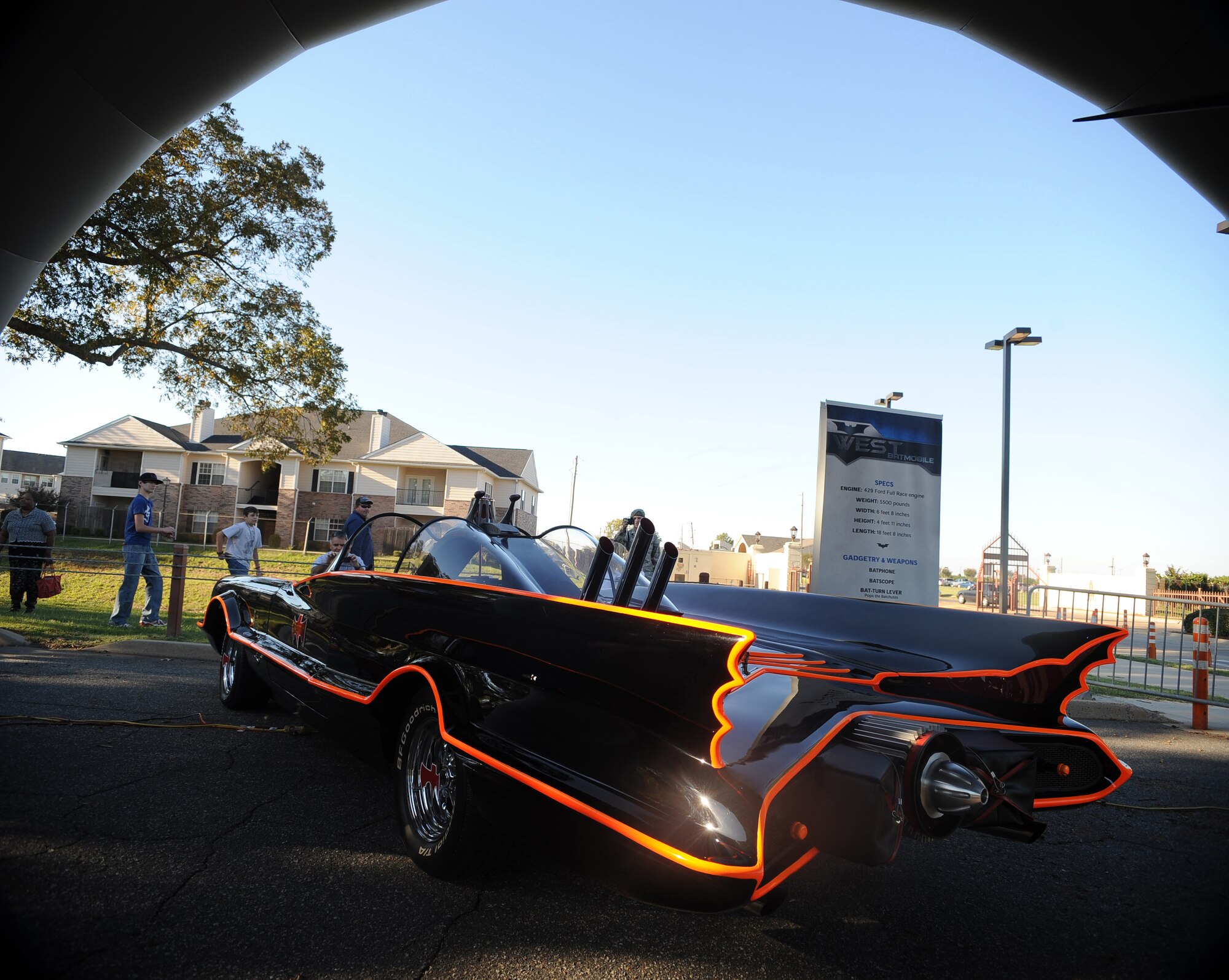 The Batmobile from the 1966 Batman TV series sits on display at the Barksdale Club parking lot on Barksdale Air Force Base, La., Oct. 30. The car was originally a 1955 Ford Lincoln Futura concept car that cost $250,000. Five other Batmobiles and the Bat-Pod were brought to the base for Team Barksdale to enjoy. (U.S. Air Force photo/Senior Airman Micaiah Anthony)(RELEASED)
