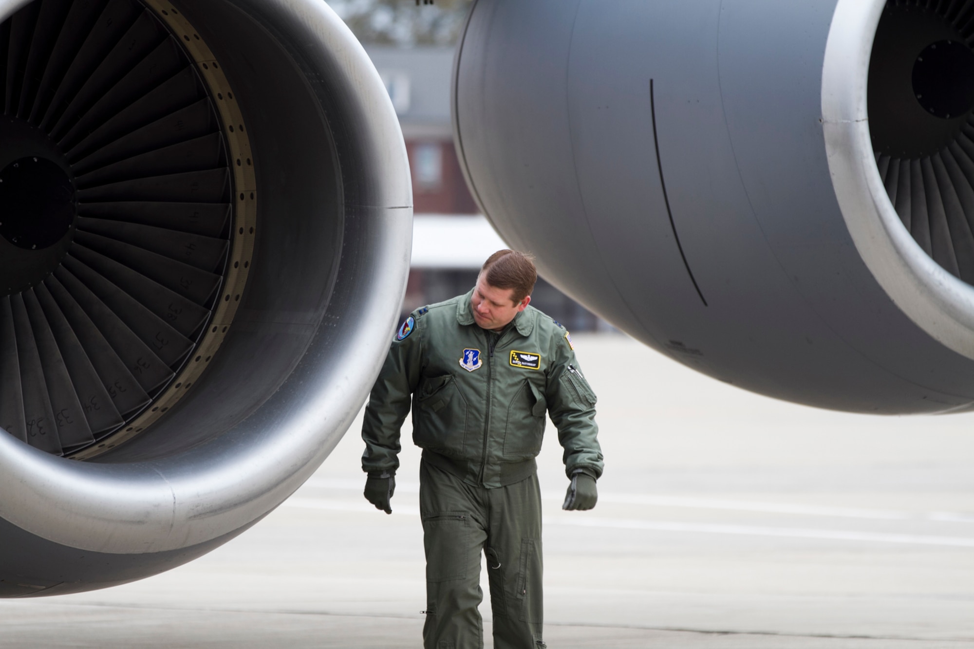 Capt. Deryck Castonguay, a pilot with the 171st Air Refueling Squadron, performs his walk-around pre-flight inspection prior to a mission on a KC-135 Stratotanker at Selfridge Air National Guard Base, Mich., Nov. 4, 2012. More than 200 Airmen from the 127th Air Refueling Group supported a “Fly the Fleet” exercise at Selfridge on Nov. 4. (Air National Guard photo by TSgt. Robert Hanet)