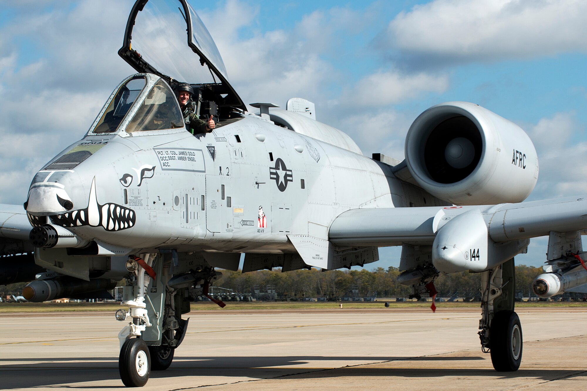 U.S. Air Force Lt. Col. Rodney Glass, 917th Fighter Group deputy commander, gives a thumbs-up from the cockpit of an A-10 Thunderbolt II after returning from his last sortie, Nov. 3, 2012, Barksdale Air Force Base, La. Glass has over 4,000 flying hours and is retiring after serving 28 years in the Air Force. (U.S. Air Force photo by Master Sgt. Greg Steele/Released)