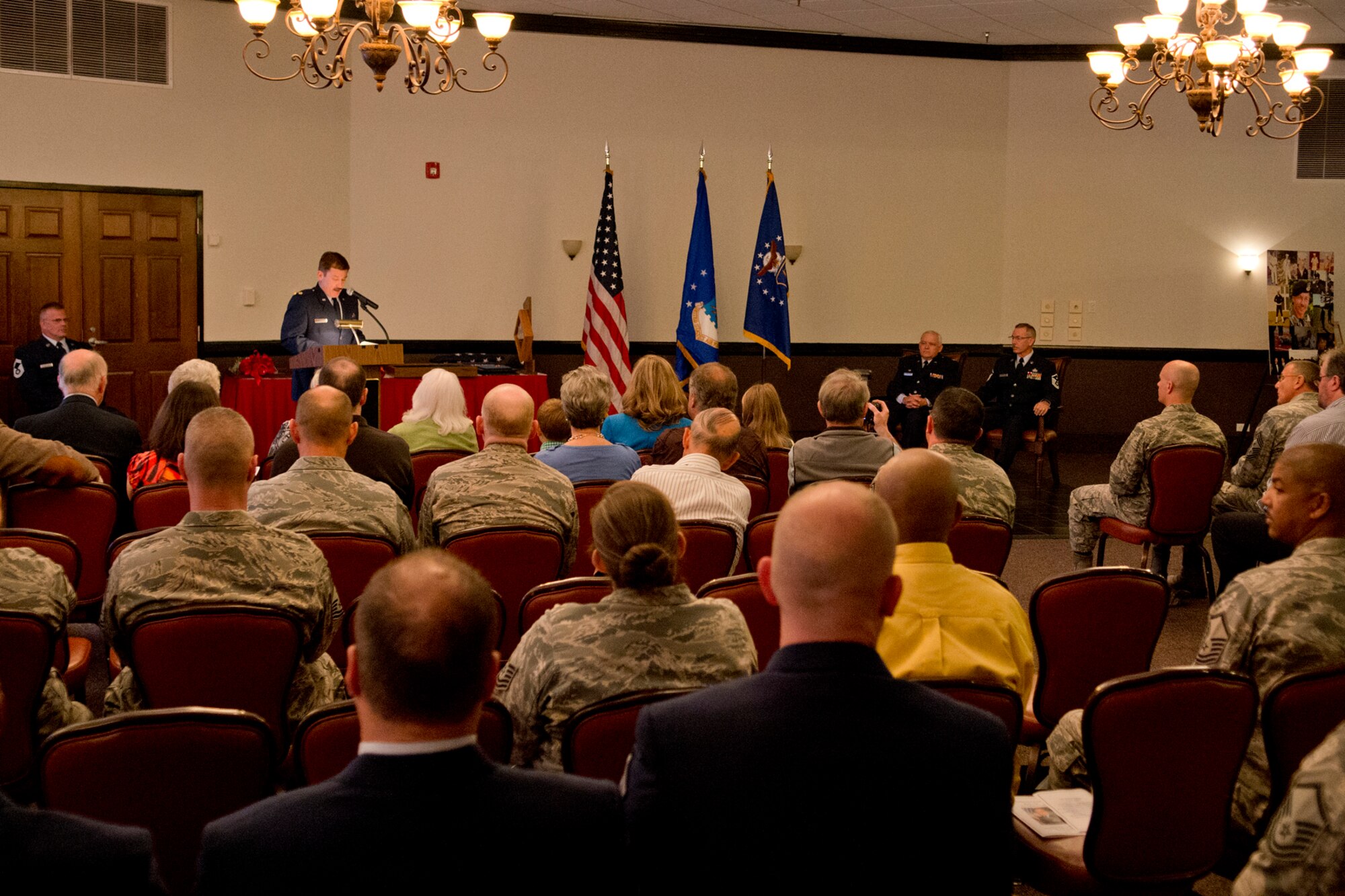 Family and friends attend a retirement ceremony for U.S. Air Force Master Sgt. Jim Taliaferro, Nov. 3, 2012, Barksdale Air Force Base, La. Taliaferro is the First Sergeant assigned to the 307th Security Forces Squadron and is retiring after serving 31 years in the military. (U.S. Air Force photo by Master Sgt. Greg Steele/Released)
