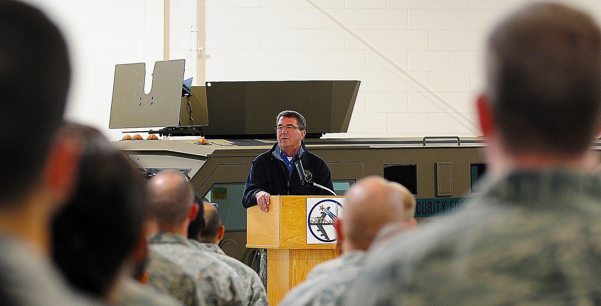 MINOT AIR FORCE BASE, N.D. -- The Deputy Secretary of Defense, Dr. Ashton B. Carter, speaks to members of Team Minot here, Nov. 2. Dr. Carter thanked the Airmen for their dedication to the nuclear deterrence mission and for having the courage to volunteer to serve their country. (U.S. Air Force photo/Airman 1st Class Kristoffer Kaubisch)