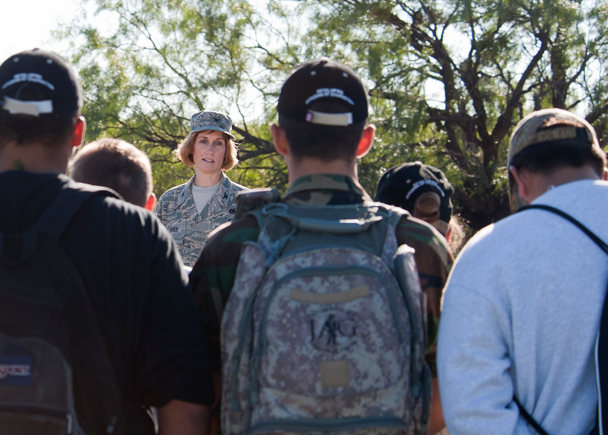 Col. Kristina O’Brien, 7th Mission Support Group commander, briefs members of Abilene High School’s Junior ROTC program prior to participating in land navigation training Nov. 2, 2012, at Dyess Air Force Base, Texas. The cadets participated in several activities to include land navigation and weapons training. JROTC is a federal program sponsored by the U.S. Armed Forces in high schools across the country. (U.S. Air Force photo by Airman 1st Class Damon Kasberg/ Released) 