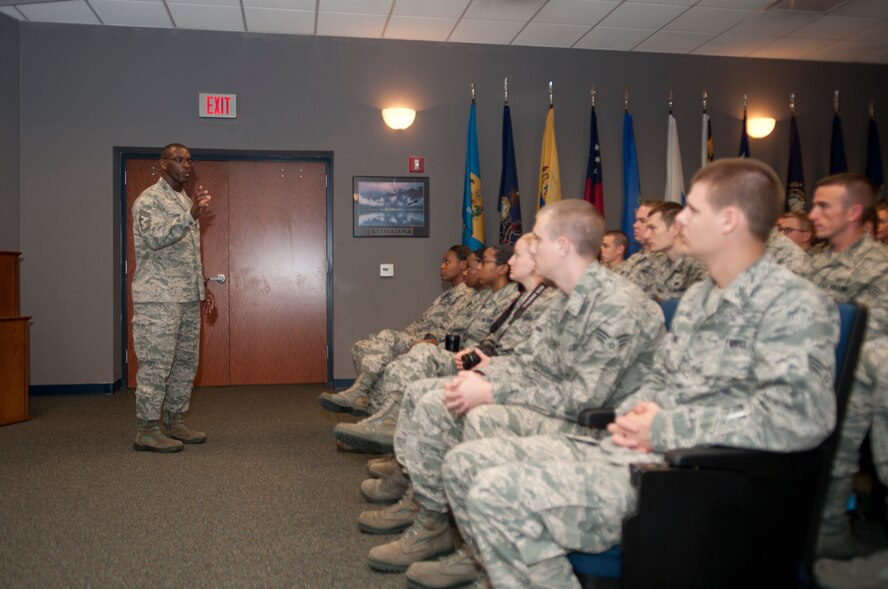 U.S. Air Force Chief Master Sgt. James Davis, 9th Air Force command chief, asks questions to an Airmen Leadership School class at Moody Air Force Base, Ga., Nov. 1, 2012. Davis asked the Airmen their perspective on what roles they will have as new NCOs in the Air Force. (U.S. Air Force photo by Airman 1st Class Paul Francis/Released) 
