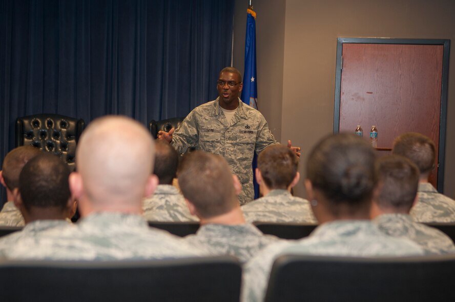 U.S. Air Force Chief Master Sgt. James Davis, 9th Air Force command chief, speaks to an Airmen Leadership School class at Moody Air Force Base, Ga., Nov. 1, 2012. Davis spoke about roles of becoming a new NCO and how to be a successful leader to Airmen. (U.S. Air Force photo by Airman 1st Class Paul Francis/Released)
