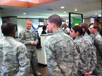 Chief Master Sergeant of the Air Force James Roy speaks to basic sensor operator students from the 558th Flying Training Squadron at Joint Base San Antonio-Randolph, Texas before lunch Oct. 30. Roy spoke to the group about the importance of leadership and professionalism in today's Air Force. Roy along with a group of Chief of Staff of the Air Force civic leaders ate lunch with the Airmen as a part of their visit to the 12th Flying Training Wing. (Courtesy Photo)