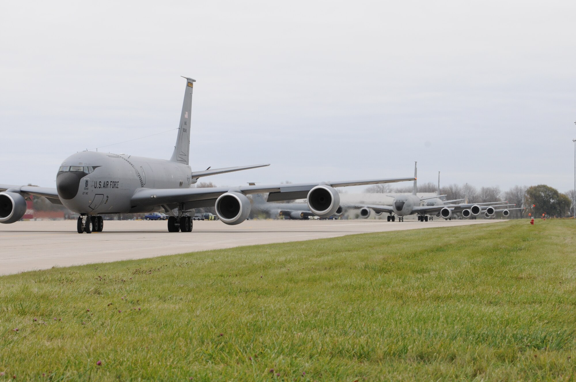 KC-135 Stratotankers taxi out of the parking area during a “Fly the Fleet” demonstration at Selfridge Air National Guard Base, Mich., Nov. 4, 2012. More than 200 Airmen from the 127th Air Refueling Group supported the exercise. (Air National Guard photo by TSgt. Robert Hanet)