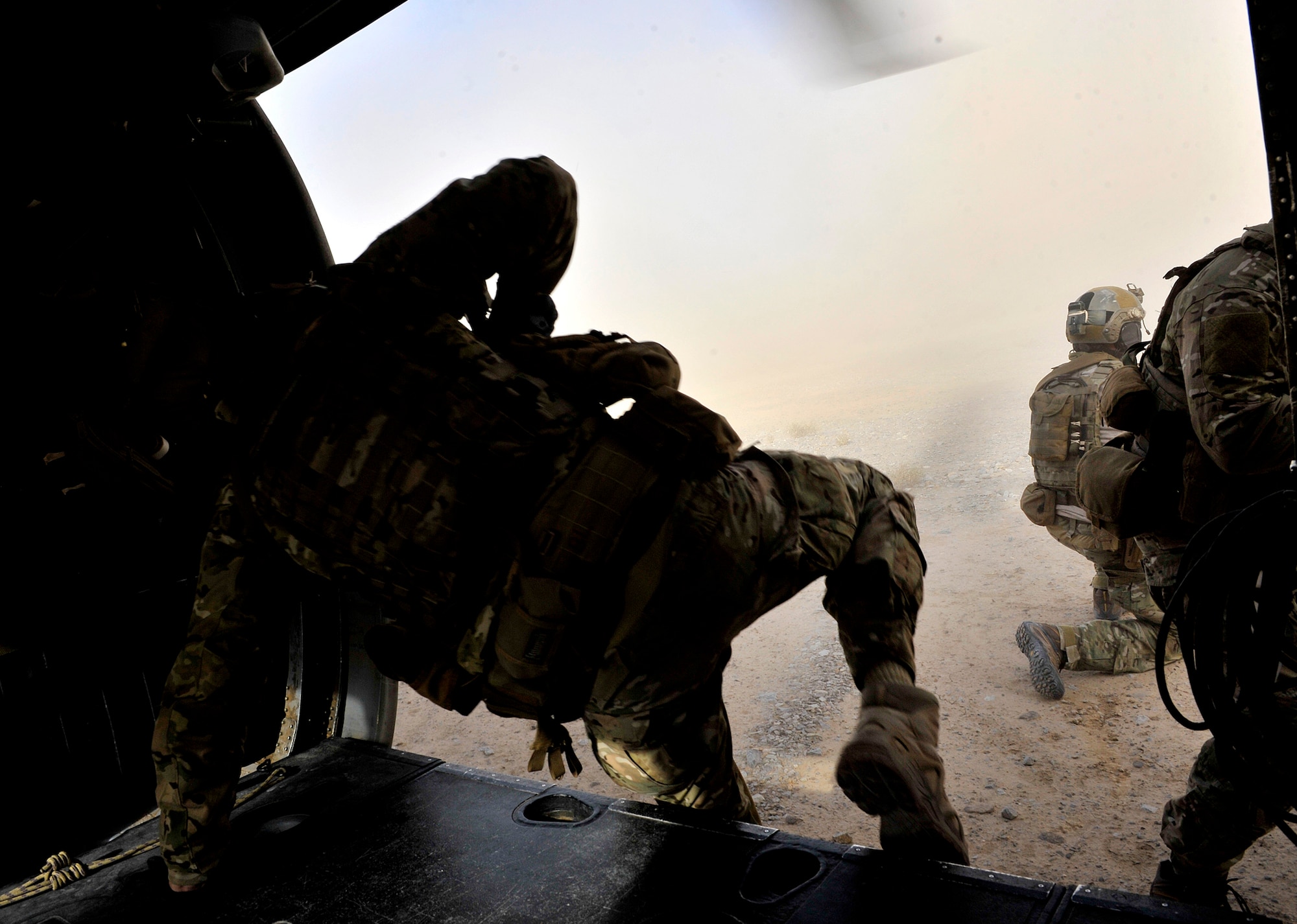 U.S. Air Force pararescuemen assigned to the 46th Expeditionary Rescue Squadron, conduct a training mission near Kandahar Airfield, Afghanistan, Oct. 29, 2012. The pararescuemen work alongside members of the 26th ERQS, who provide the airlift capability with the HH-60G Pave Hawk variant operated by a crew composed of a flight engineer, pilots, and aerial gunners. The two units perform the dangerous mission of providing medical evacuation support for the Kandahar Province in southern Afghanistan. (U.S. Air Force photo/Staff Sgt. Clay Lancaster)