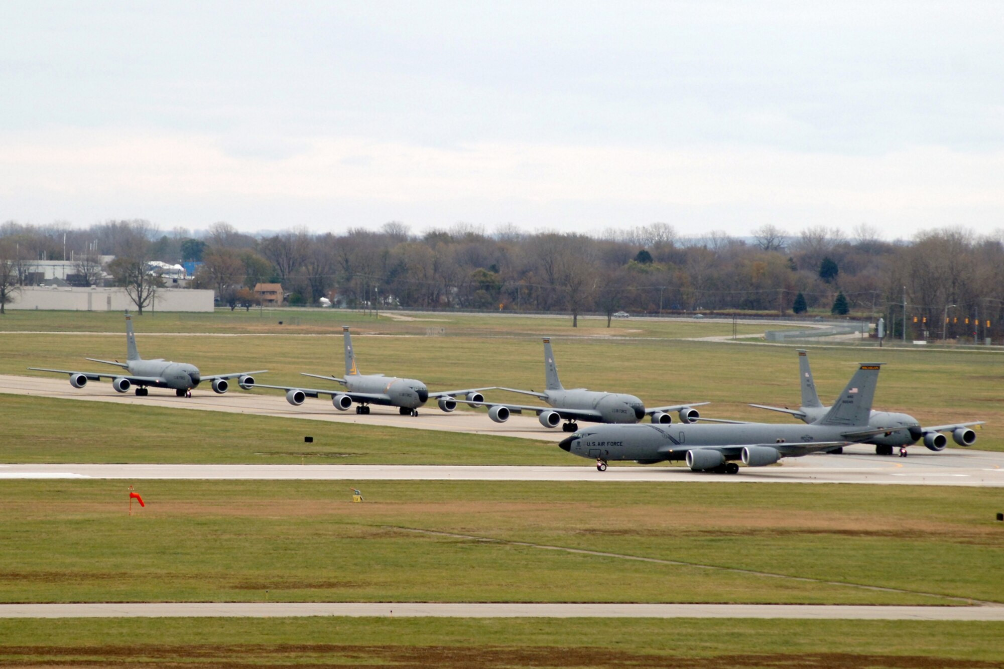A fleet of KC-135 Stratotankers prepare to take off at Selfridge Air National Guard Base, Mich., Nov. 4, 2012. More than 200 Airmen from the 127th Air Refueling Group participated in the exercise to “Fly the Fleet” during the November Unit Training Assembly (UTA) of the 127th Wing, Michigan Air National Guard. (Air National Guard photo by John S. Swanson)