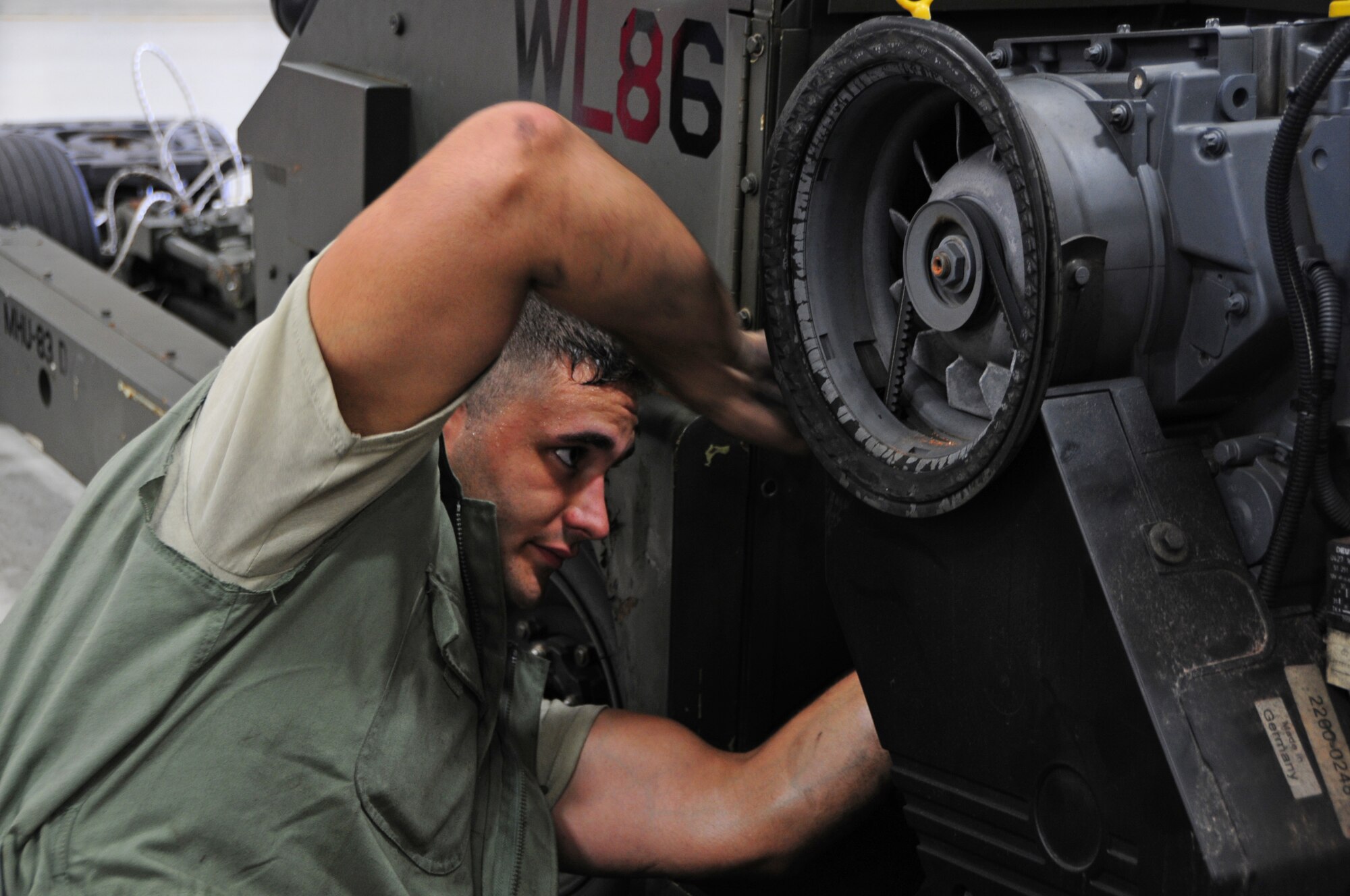 ANDERSEN AIR FORCE BASE, Guam – Airman 1st Class Andrew Caprio, 3rd Maintenance Squadron aerospace ground equipment flight journeyman, replaces fuel lines on a munitions handling unit used for B-52 Stratofortress maintenance at Andersen Air Force Base, Guam, Oct. 30. Airman Caprio is deployed to Andersen from Joint Base Elmendorf-Richardson, Alaska, Alaska. (U.S. Air Force photo/Airman 1st Class Marianique Santos/Released)