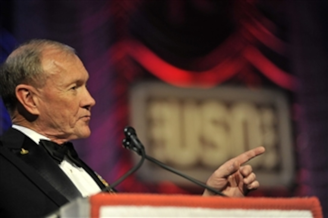 Chairman of the Joint Chiefs of Staff Gen. Martin E. Dempsey delivers his remarks at the 2012 USO Gala in Washington, D.C., on Nov. 2, 2012.  