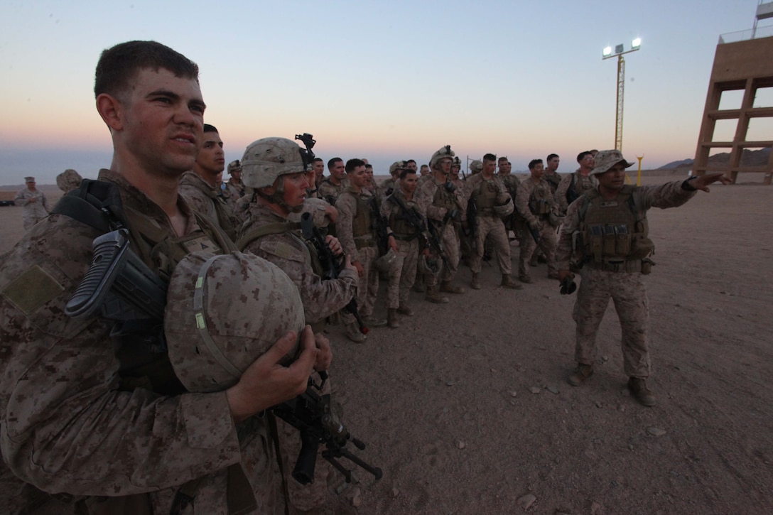 JORDAN (Oct. 11, 2012)  U.S. Marines assigned to Marine Engagement Team from 24th Marine Expeditionary Unit, receive a safety brief prior to conducting a live fire training exercise, Oct. 11, 2012. The engagement team is a platoon-sized group of Marines from the 24th MEU who are conducting a variety of unilateral and bilateral training events with the Jordanian Marines in southern Jordan. The 24th MEU is deployed with the Iwo Jima Amphibious Ready Group as a U.S. Central Command theater reserve force, providing support for maritime security operations and theater security cooperation efforts in the U.S. 5th Fleet area of responsibility.  (U.S. Marine Corps photo by Lance Cpl. Tucker S. Wolf/Released) 