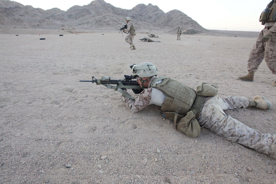 JORDAN (Oct. 11, 2012) U.S. Marines assigned to Marine Engagement Team from Battalion Landing Team 1st Battalion, 2nd Marine Regiment, 24th Marine Expeditionary Unit, conduct a live fire training exercise, Oct. 11, 2012. The engagement team is a platoon-sized group of Marines from the 24th MEU who are conducting a variety of unilateral and bilateral training events with the Jordanian Marines in southern Jordan. The 24th MEU is deployed with the Iwo Jima Amphibious Ready Group as a U.S. Central Command theater reserve force, providing support for maritime security operations and theater security cooperation efforts in the U.S. 5th Fleet area of responsibility. (U.S. Marine Corps photo by Lance Cpl. Tucker S. Wolf/Released)