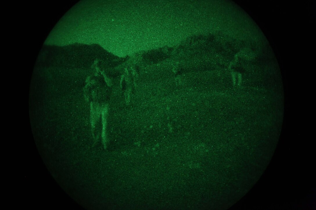 JORDAN (Oct. 10, 2012) U.S. Marines assigned to Marine Engagement Team from Battalion Landing Team 1st Battalion, 2nd Marine Regiment, 24th Marine Expeditionary Unit, conduct a night patrol while participating in a training exercise in Jordan, Oct. 10, 2012. The engagement team is a platoon-sized group of Marines from the 24th MEU who are conducting a variety of unilateral and bilateral training events with the Jordanian Marines in southern Jordan. The 24th MEU is deployed with the Iwo Jima Amphibious Ready Group as a U.S. Central Command theater reserve force, providing support for maritime security operations and theater security cooperation efforts in the U.S. 5th Fleet area of responsibility.  (U.S. Marine Corps photo by Lance Cpl. Tucker S. Wolf/Released)