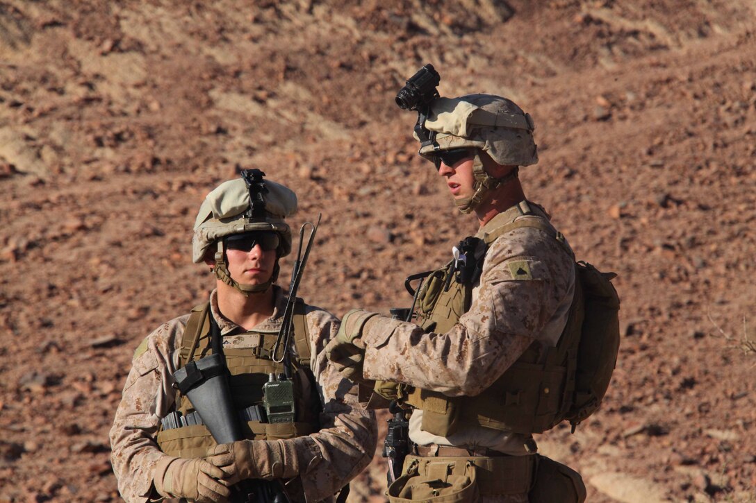 JORDAN (Oct. 9, 2012)U.S. Marines assigned to Marine Engagement Team from Battalion Landing Team 1st Battalion, 2nd Marine Regiment, 24th Marine Expeditionary Unit, conduct a patrol while participating in a training exercise in Jordan, Oct. 9, 2012. The engagement team is a platoon-sized group of Marines from the 24th MEU who are conducting a variety of unilateral and bilateral training events with the Jordanian Marines in southern Jordan. The 24th MEU is deployed with the Iwo Jima Amphibious Ready Group as a U.S. Central Command theater reserve force, providing support for maritime security operations and theater security cooperation efforts in the U.S. 5th Fleet area of responsibility. (U.S. Marine Corps photo by Lance Cpl. Tucker S. Wolf/Released) 