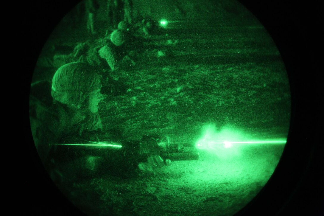 JORDAN (Oct. 3, 2012)  Lance Cpl. John Graham, from Southwest City, Mo., assigned to Marine Engagement Team from Battalion Landing Team 1st Battalion, 2nd Marine Regiment, 24th Marine Expeditionary Unit, conducts a live fire training exercise, Oct. 3, 2012. The engagement team is a platoon-sized group of Marines from the 24th MEU who are conducting a variety of unilateral and bilateral training events with the Jordanian Marines in southern Jordan. The 24th MEU is deployed with the Iwo Jima Amphibious Ready Group as a U.S. Central Command theater reserve force, providing support for maritime security operations and theater security cooperation efforts in the U.S. 5th Fleet area of responsibility. (U.S. Marine Corps photo by Lance Cpl. Tucker S. Wolf/Released)