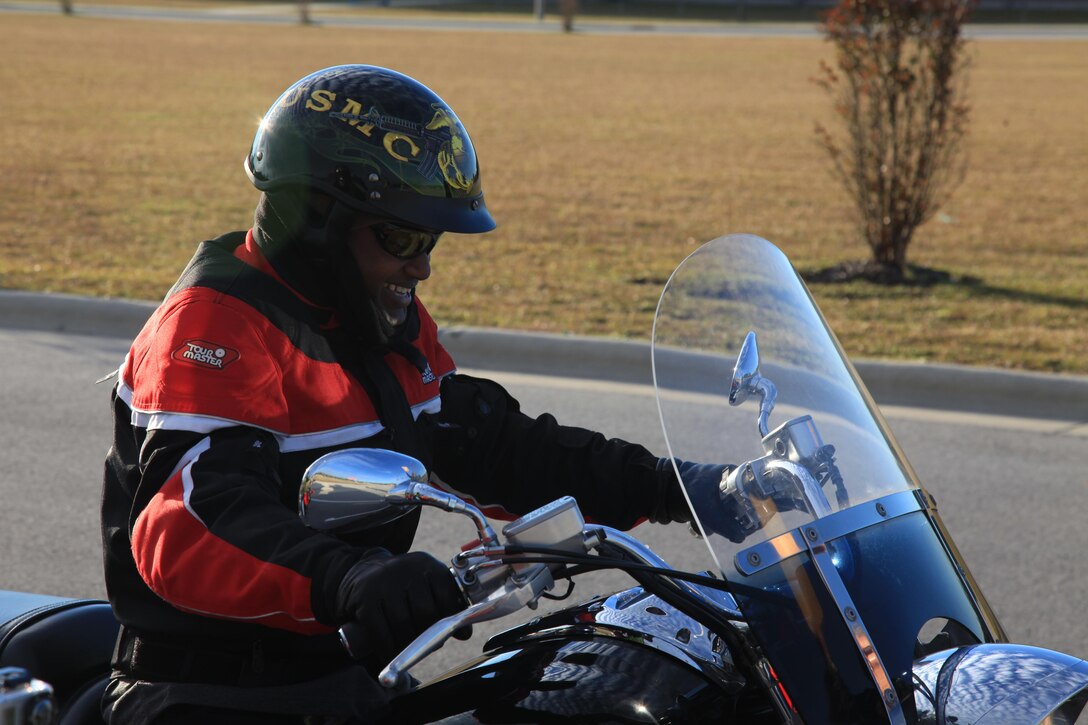 Master Gunnery Sgt. George Lee of U.S. Marine Corps Forces, Special Operations Command prepares to set out on the first joint ride of MARSOC's various motorcycle clubs Oct. 31, 2012 aboard Camp Lejeune, NC. "First and foremost, this outing was about safety," said Master Gunnery Sgt. George Lee, a rider with 15 years' experience. "It was also about camaraderie and mentorship." The riders drove to Wilmington for a tour of the USS North Carolina and to explore local hobby shops. Experience among the motorcyclists ranged from three months to upwards of 30 years. "It was definitely a worthwhile experience," said Lance Cpl. Roderick Kim, a small craft mechanic at MARSOC who is new to riding. "I learned how to ride with a group, learned how to space myself. It was good training."