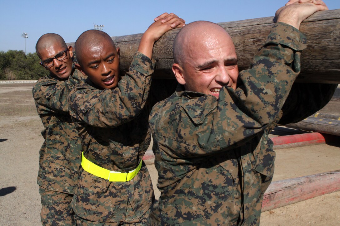 Recruits of Company D, 1st Recruit Training Battalion, push themselves during a log drill exercise aboard Marine Corps Recruit Depot San Diego, Oct. 30. The log weighed approximately 250 pounds. Teams of recruits were told to focuse on teamwork while working through various exercises such as log push-ups and log squats.