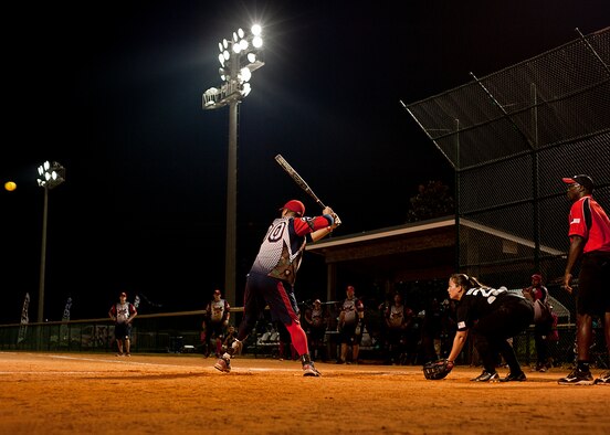 Saul Bosquez, a Wounded Warrior Amputee Softball Team player, prepares to swing against a team of military members at the Morgan Sports Center in Destin, Fla., Nov. 3rd. The two teams played to raise awareness of the sacrifices and resilience of military members. (U.S. Air Force photo/Randy Gon)
