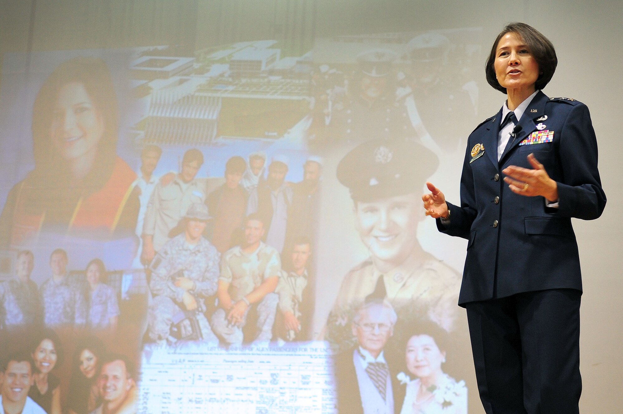 Air Force District of Washington Commander Maj. Gen. Sharon K. G. Dunbar shares her heritage and family's story during a commander’s call at the base theater, Nov. 5, at Joint Base Andrews, Md. “I know all of you have great stories so I hope you start to think through your stories and begin telling them to others so we have a better perspective of the richness of the people we have here at AFDW,” said Dunbar. (U.S. Air Force photo by Senior Airman Steele C. G. Britton)
