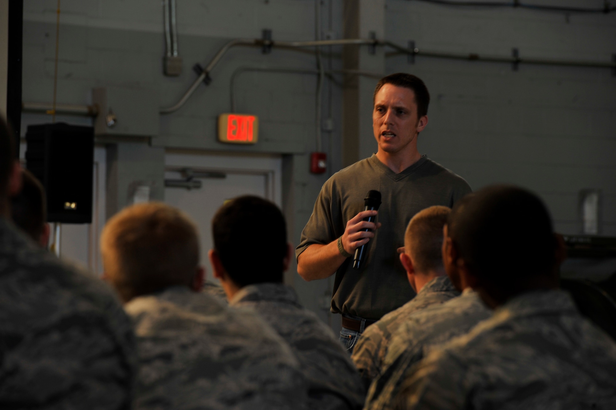 Eric Smallridge speaks to Airmen at the Commando Hangar on Hurlburt field, Fla., Nov. 5, 2012. Smallridge killed Meagan Napier and Lisa Dickson in 2002 while he was driving drunk; still incarcerated he now tells his story to discourage others from making the same mistake.
(U.S. Air Force Photo/ Staff Sgt. John Bainter)
