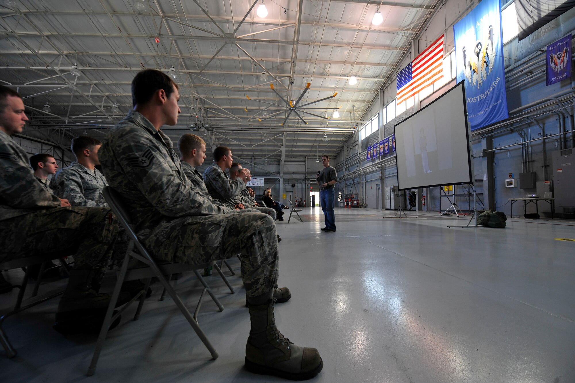 Airmen listen to Eric Smallridge while he speaks at the Commando Hangar on Hurlburt field, Fla., Nov. 5, 2012. Smallridge recounted the events of May 11, 2002, when he caused two fatalities while driving drunk and was subsequently sentenced to two 11-year prison sentences served concurrently.
(U.S. Air Force Photo/ Staff Sgt. John Bainter)