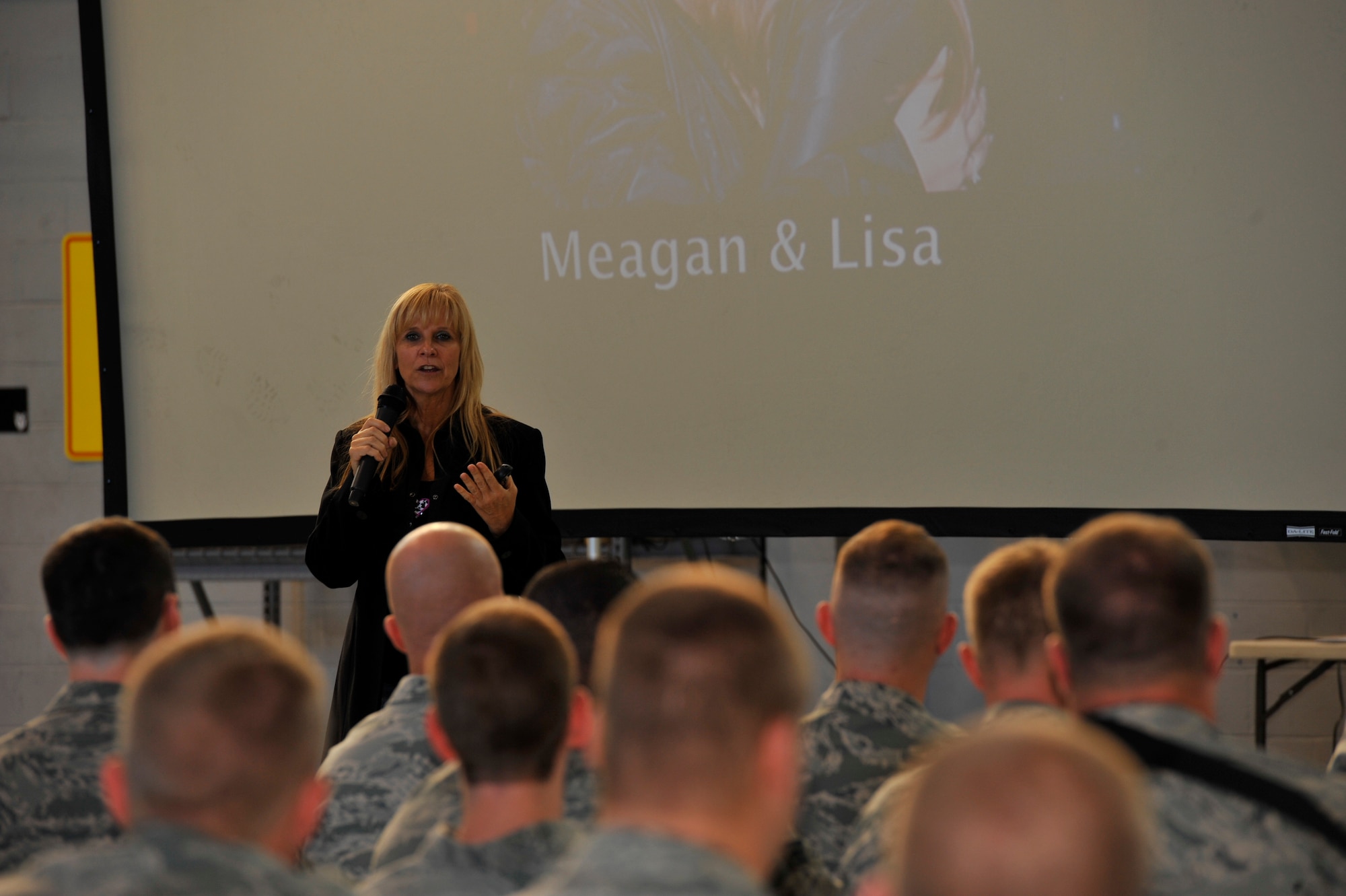 Renee Napier talks to a group of Airmen at the Commando Hangar on Hurlburt field, Fla., Nov. 5, 2012. Renee founded the Meagan Napier Foundation, a non-profit organization that raises awareness of the dangers of drunk driving and the essential principals of mercy and healing, after her daughter and her best friend were killed by a drunk driver in 2002.
(U.S. Air Force Photo/ Staff Sgt. John Bainter)