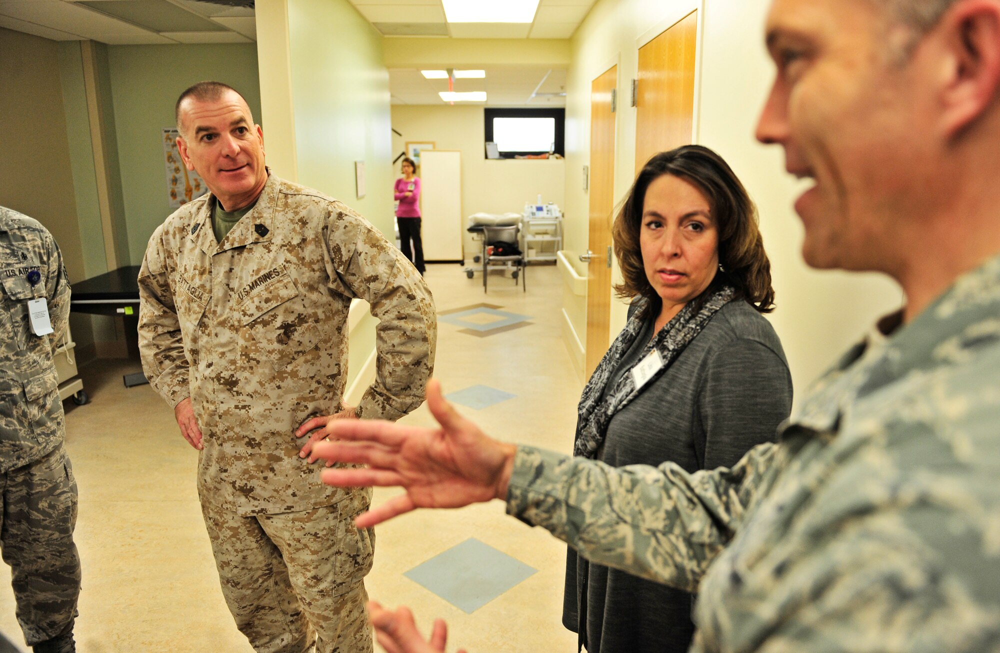 Sgt. Maj. Bryan Battaglia, Senior Enlisted Advisor to the Chairman Joint Chiefs of Staff, tours the 375th Medical Group during a visit to Scott Air Force Base Oct. 30, 2012. Battaglia serves as the principal advisor to the Chairman and Secretary of Defense on all matters involving joint and combined total force integration, utilization, health of the force and joint development for enlisted personnel. (U.S. Air Force photo/ Staff Sgt. Ryan Crane)