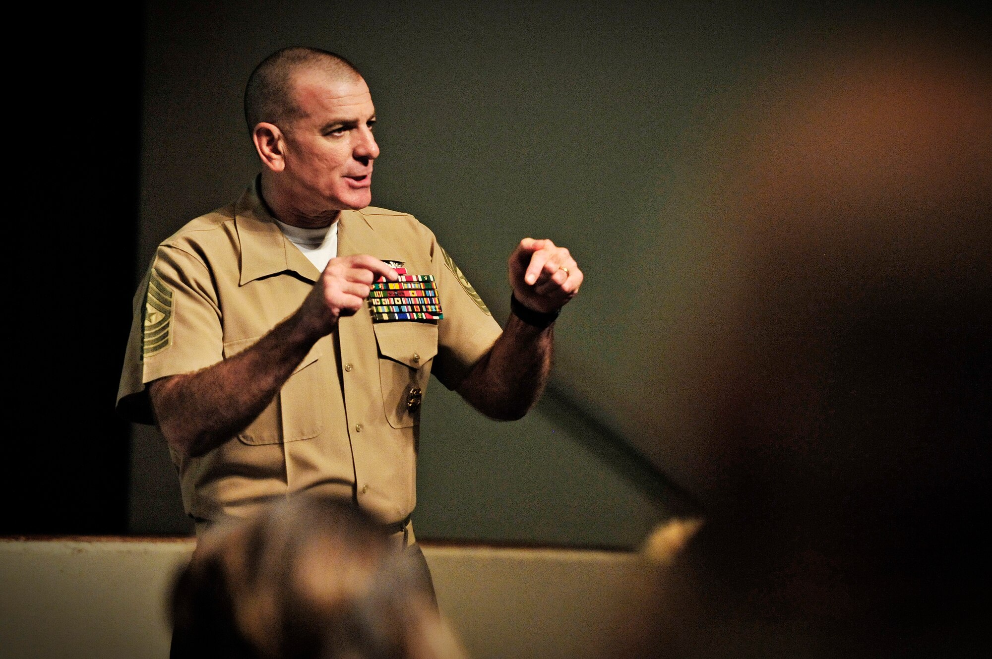 Sgt. Maj. Bryan Battaglia, Senior Enlisted Advisor to the Chairman Joint Chiefs of Staff, speaks to members of Scott Air Force Base about the importance of comprehensive fitness in all areas of life Oct. 29, 2012. Battaglia serves as the principal advisor to the Chairman and Secretary of Defense on all matters involving joint and combined total force integration, utilization, health of the force and joint development for enlisted personnel. (U.S. Air Force photo/ Staff Sgt. Ryan Crane)