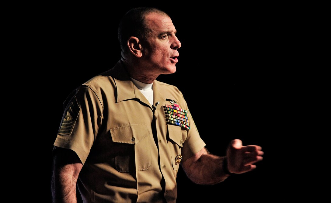 Sgt. Maj. Bryan Battaglia, Senior Enlisted Advisor to the Chairman Joint Chiefs of Staff, speaks to members of Scott Air Force Base about the importance of comprehensive fitness in all areas of life Oct. 29, 2012. Battaglia serves as the principal advisor to the Chairman and Secretary of Defense on all matters involving joint and combined total force integration, utilization, health of the force and joint development for enlisted personnel. (U.S. Air Force photo/ Staff Sgt. Ryan Crane)