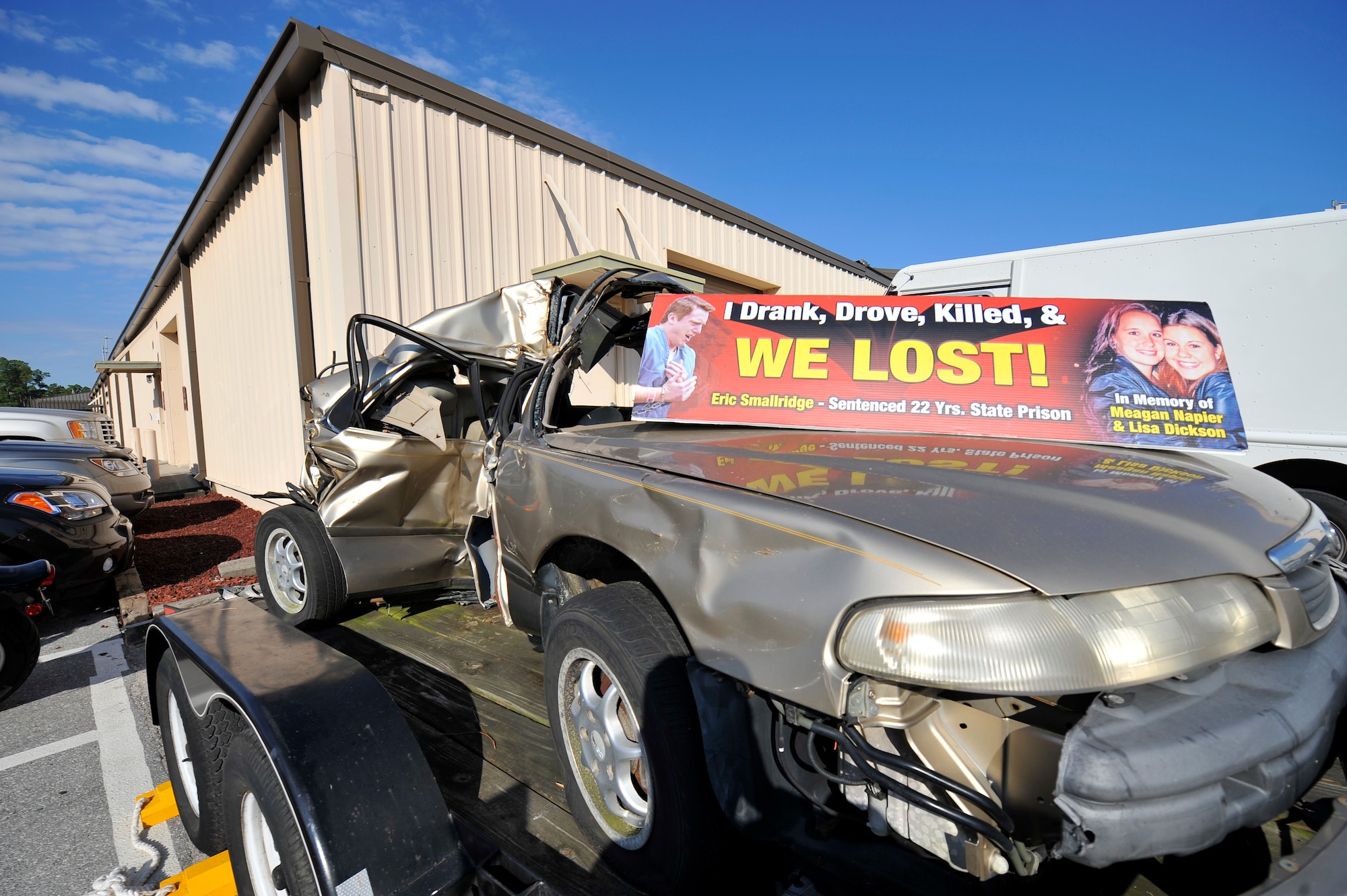 A badly-mangled vehicle sits in front of the Commando Hangar on Hurlburt field, Fla., Nov. 5, 2012. The vehicle was driven by Meagan Napier and Lisa Dickson, who were both killed when they were struck by a drunk driver on May 11, 2002.
(U.S. Air Force Photo/ Staff Sgt. John Bainter)